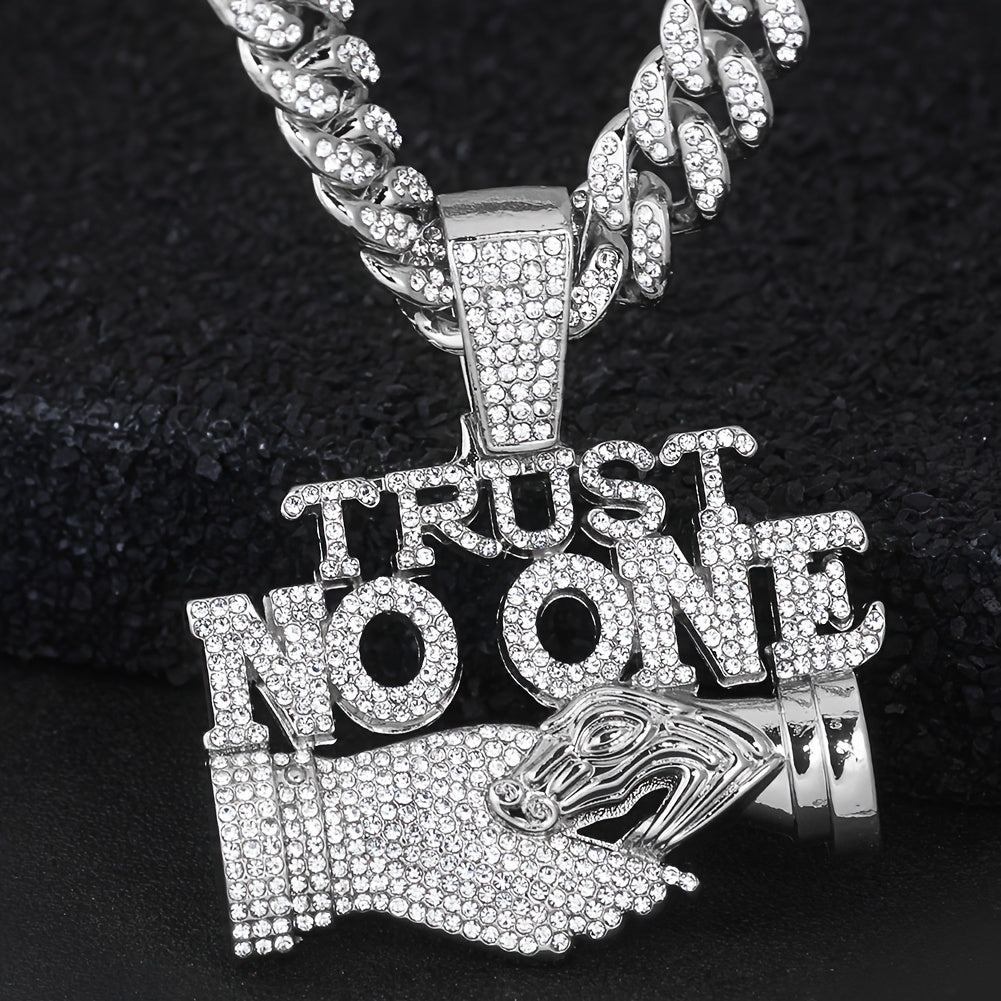 1pc Trust No One Pendant Necklace for Men & Women - Edgy Hip-Hop Cuban Link Chain with Rhinestone Accents, Bold Statement Jewelry Gift for Birthdays, Father's Day, Mother's Day, Statement Necklace | Luxury Pendant | Highquali
